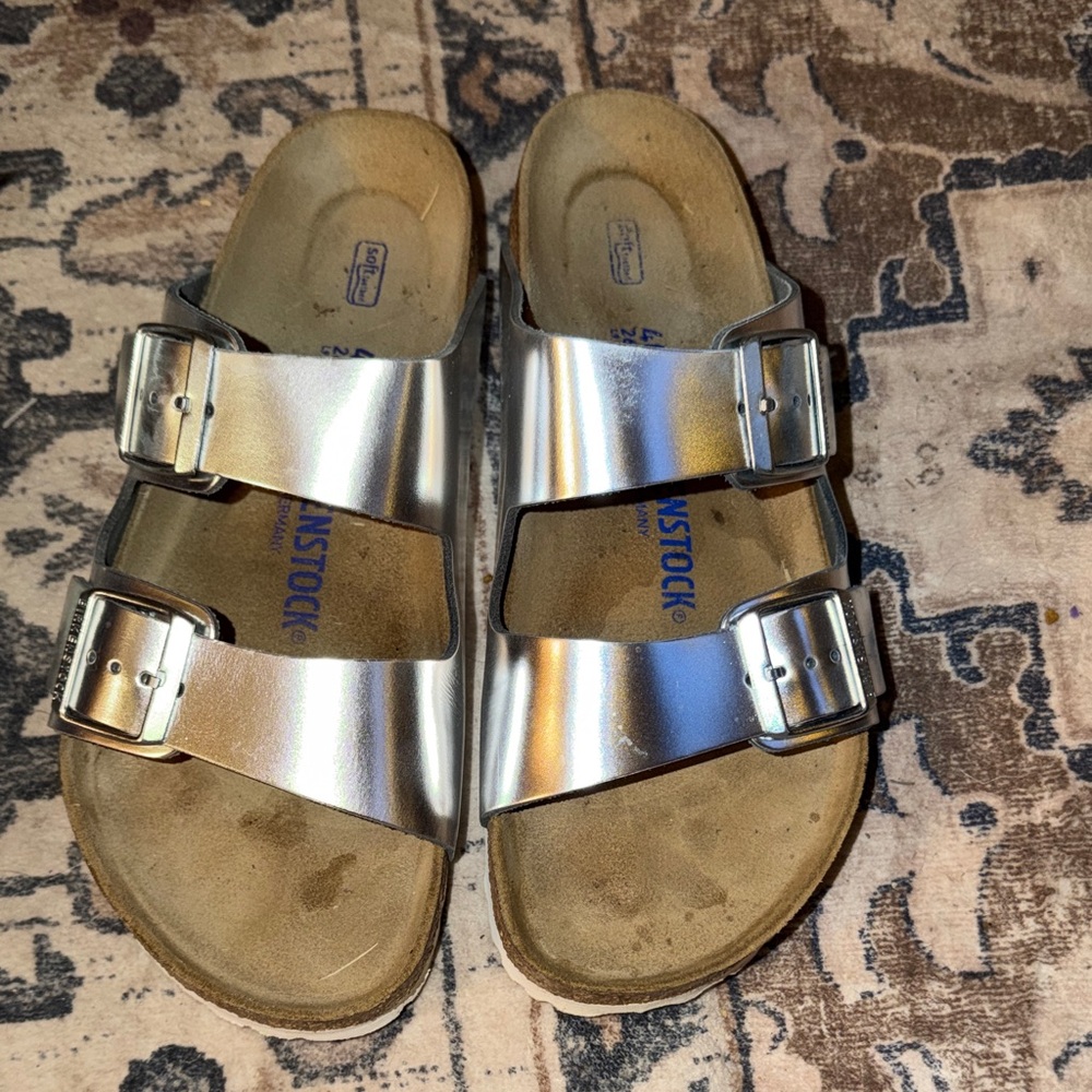 Birkenstock Arizona Metallic Silver Two-Strap Sandals